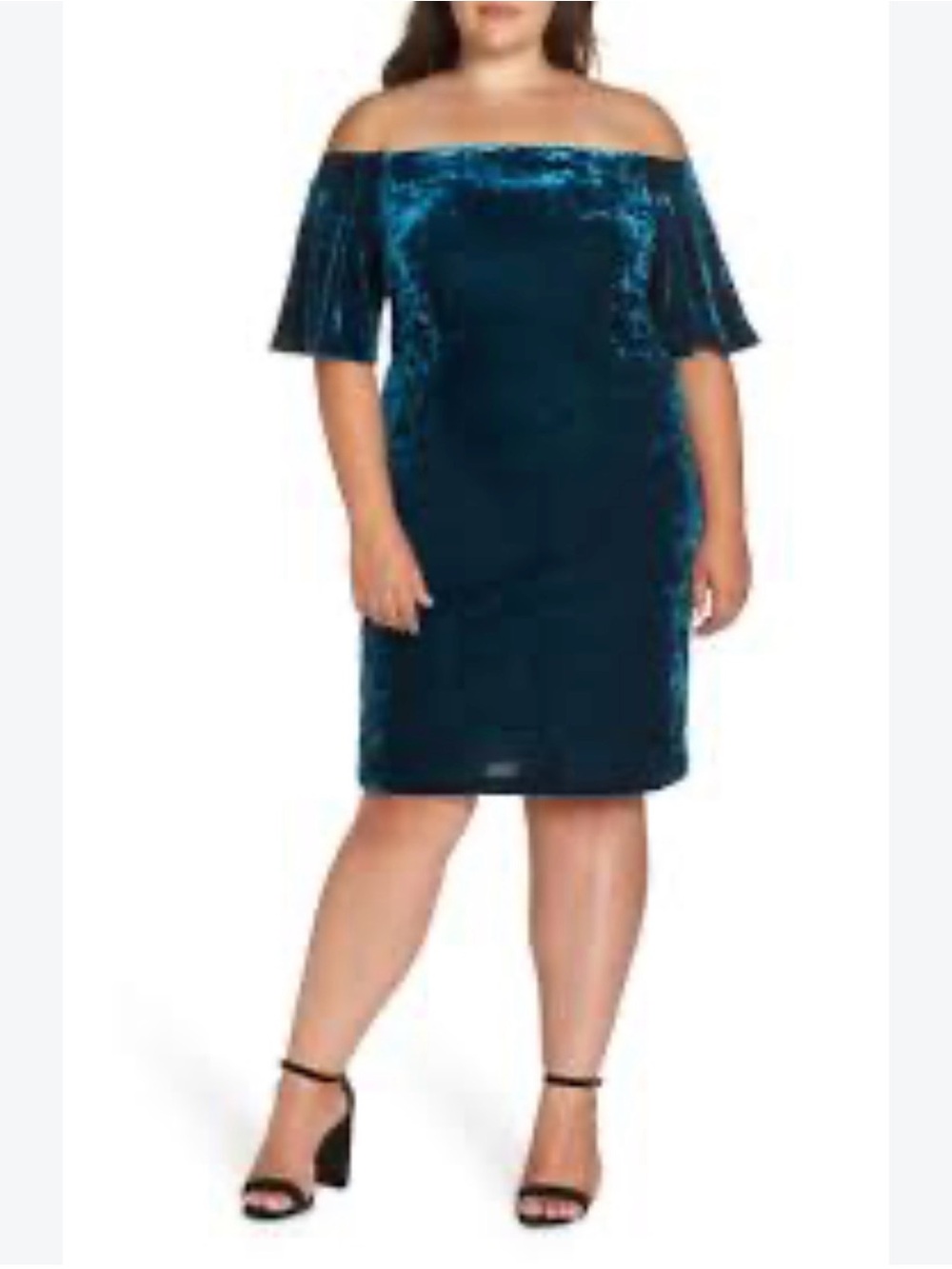 Eliza J Sheath Dress Women 18W Teal Crushed Velvet Off Shoulder Flutter Sleeve